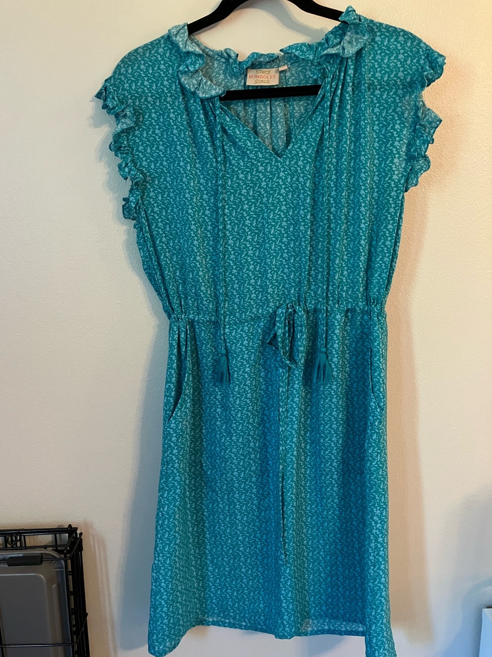 Rungolee Francesca Silk Crepe Tie-Waist Turquoise Dress small